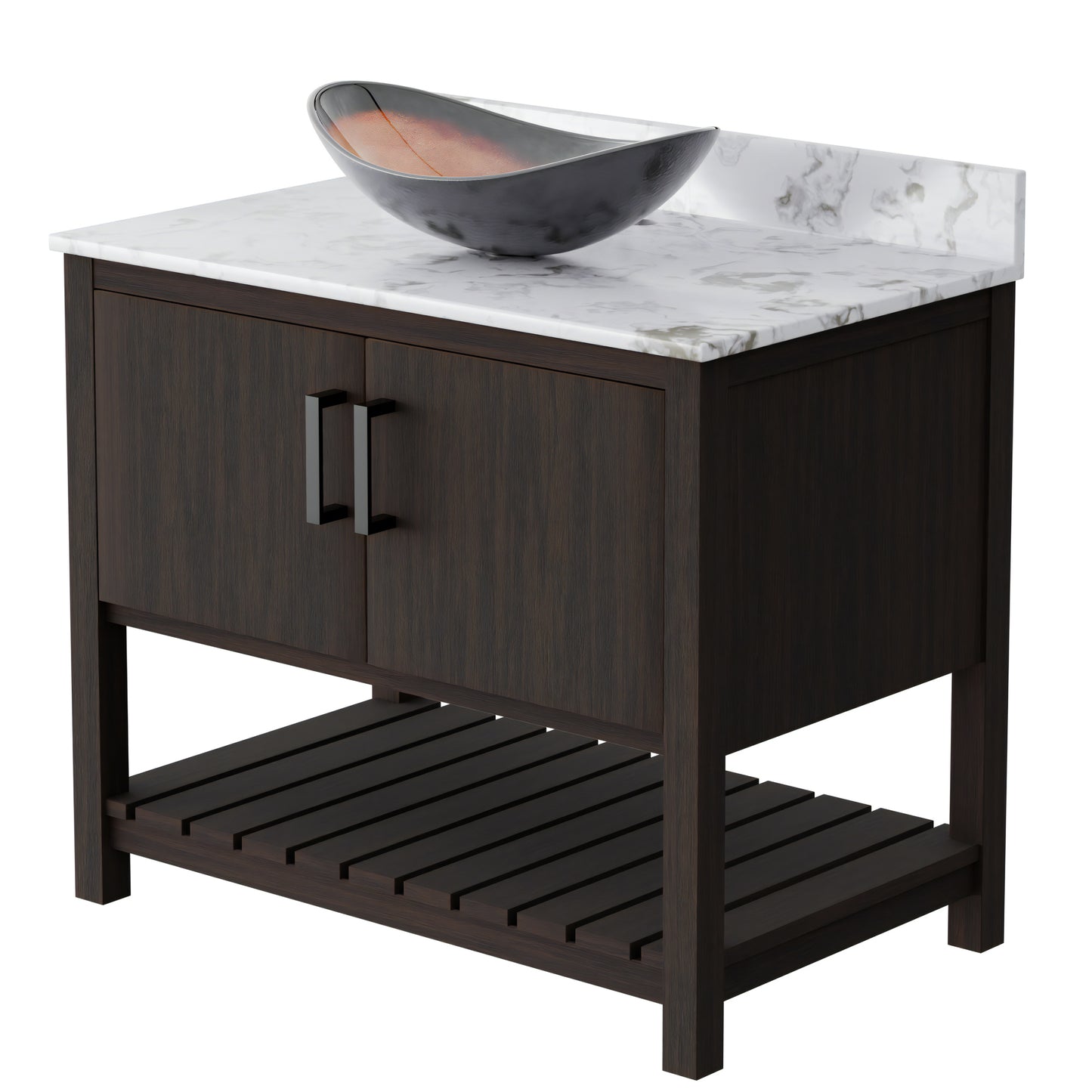 36-inch Novatto bath vanity with cafe mocha quartz countertop and sink, showcasing its elegant design and smooth surface.