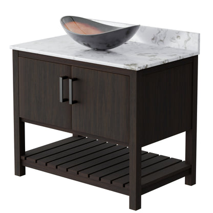 36-inch Novatto bath vanity with cafe mocha quartz countertop and sink, showcasing its elegant design and smooth surface.