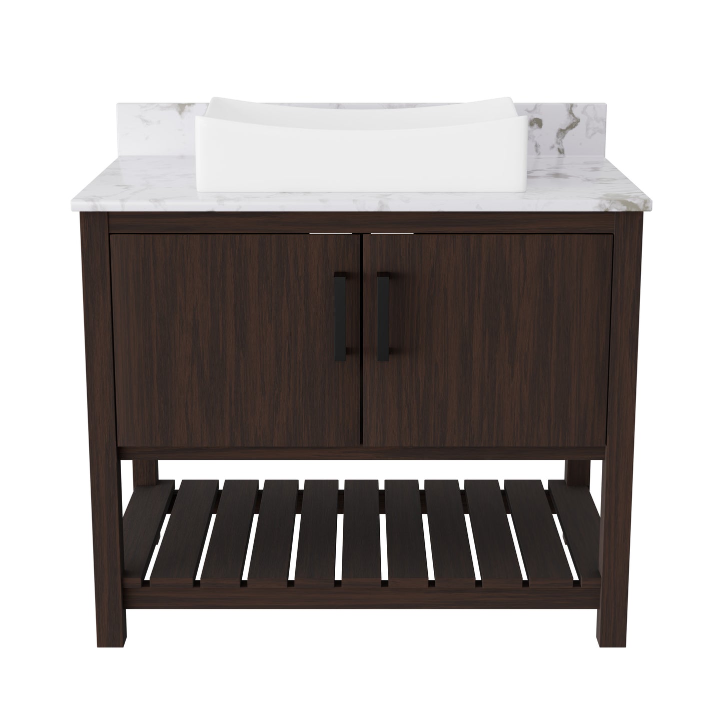 36-inch Novatto bath vanity with cafe mocha quartz countertop and sink, showcasing sleek bathroom accessory design.