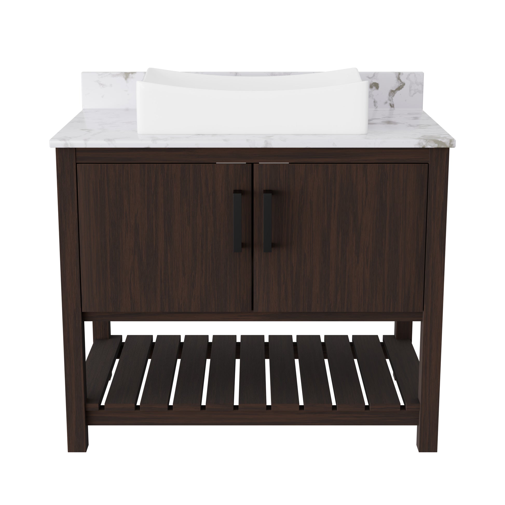 36-inch Novatto bath vanity with cafe mocha quartz countertop and sink, showcasing sleek bathroom accessory design.