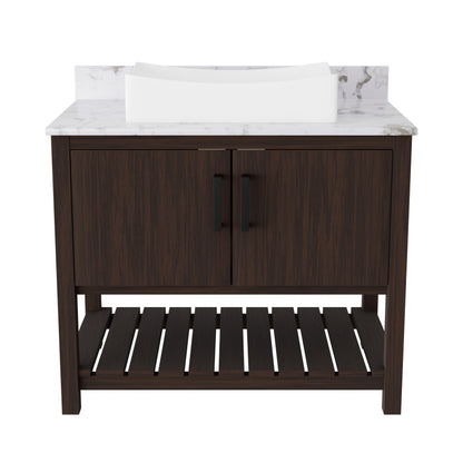 36-inch Novatto bath vanity with cafe mocha quartz countertop and sink, showcasing sleek bathroom accessory design.