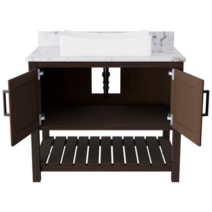 36-inch Novatto bath vanity with Cafe Mocha quartz countertop and integrated sink, natural wood finish and modern design.