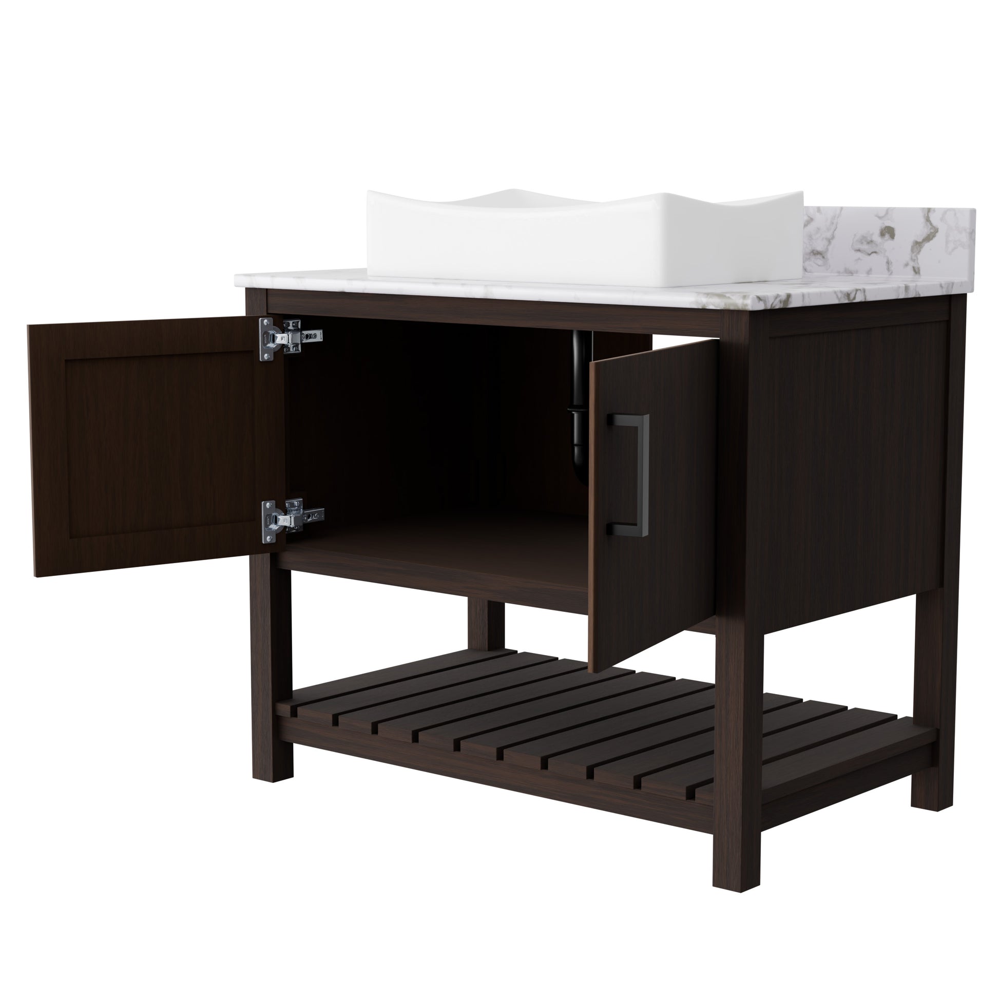 36-inch Novatto bath vanity with cafe mocha quartz countertop and sink, featuring a sleek, modern bathroom accessory.
