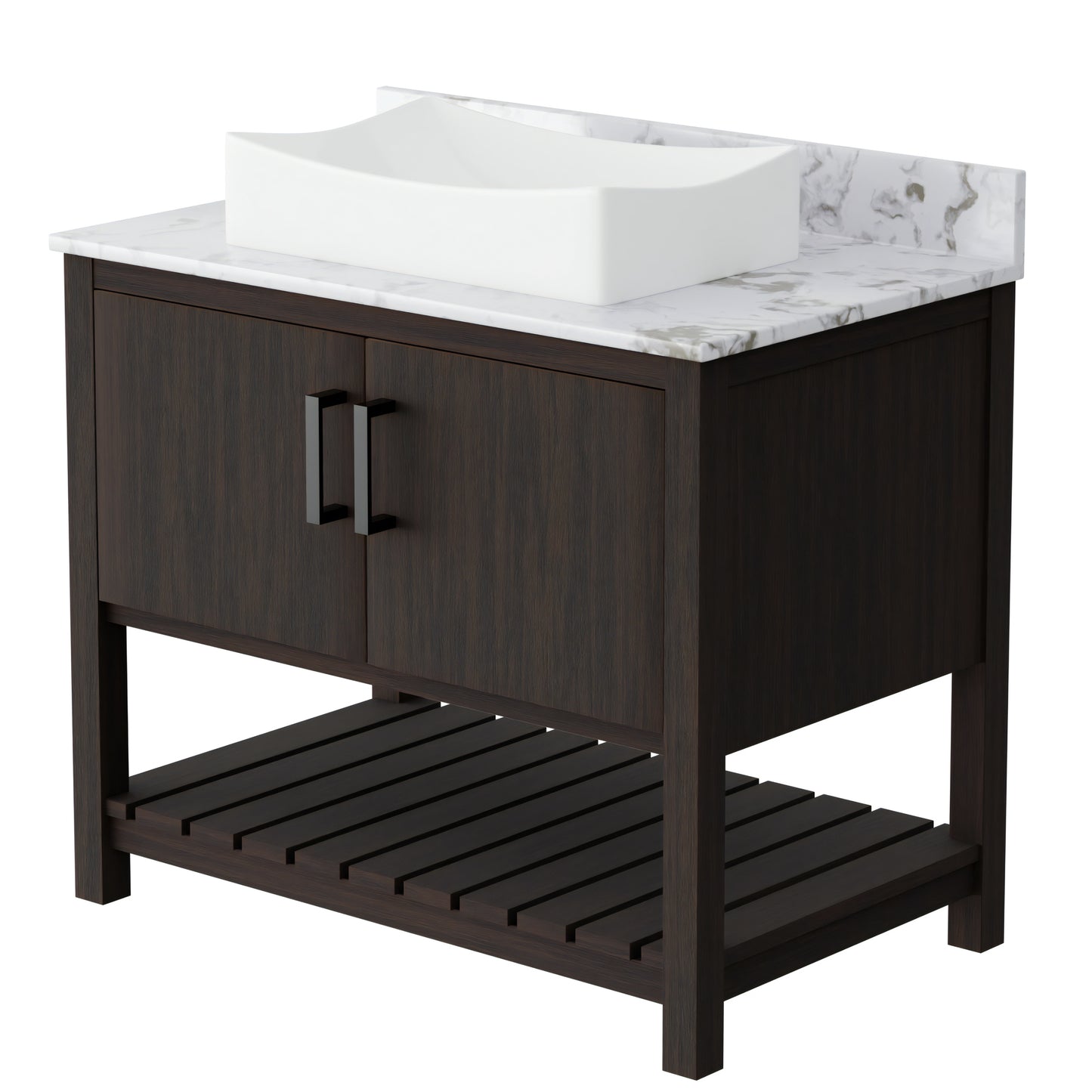 36-inch Novatto bath vanity with cafe mocha quartz countertop and sink, featuring a modern bathroom accessory design.