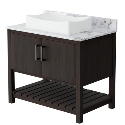 36-inch Novatto bath vanity with cafe mocha quartz countertop and sink, featuring a modern bathroom accessory design.