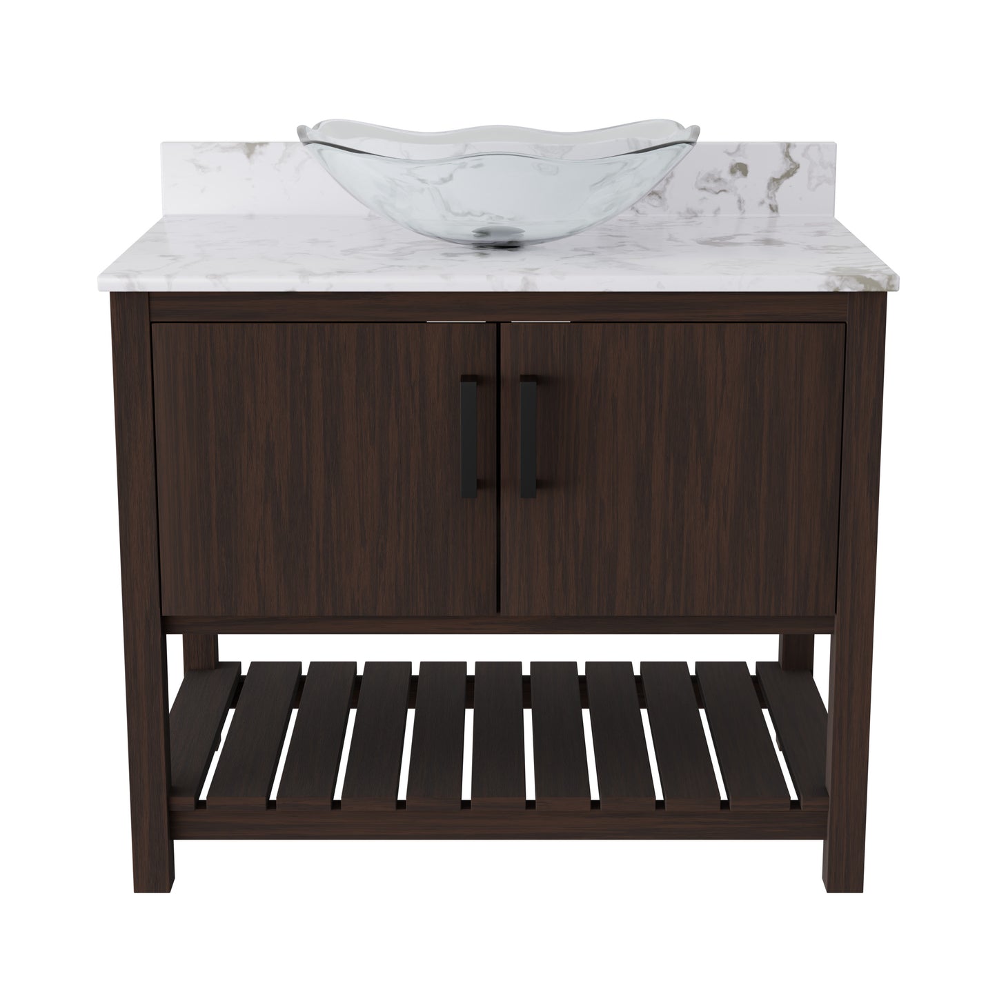 36-inch Novatto bath vanity with cafe mocha quartz countertop and sink, showcasing sleek design and elegant accessories.
