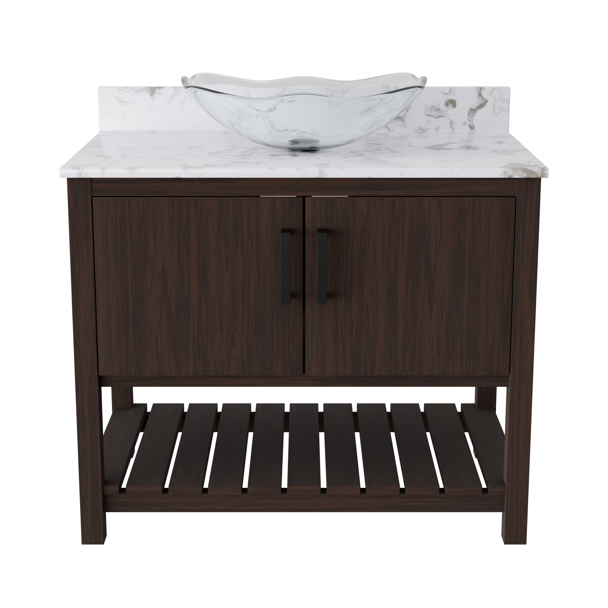 36-inch Novatto bath vanity with cafe mocha quartz countertop and sink, showcasing sleek design and elegant accessories.