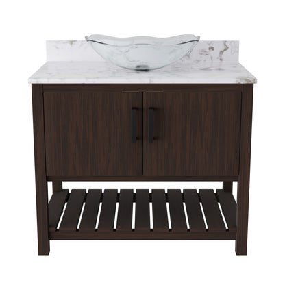 36-inch Novatto bath vanity with cafe mocha quartz countertop and sink, showcasing sleek design and elegant accessories.