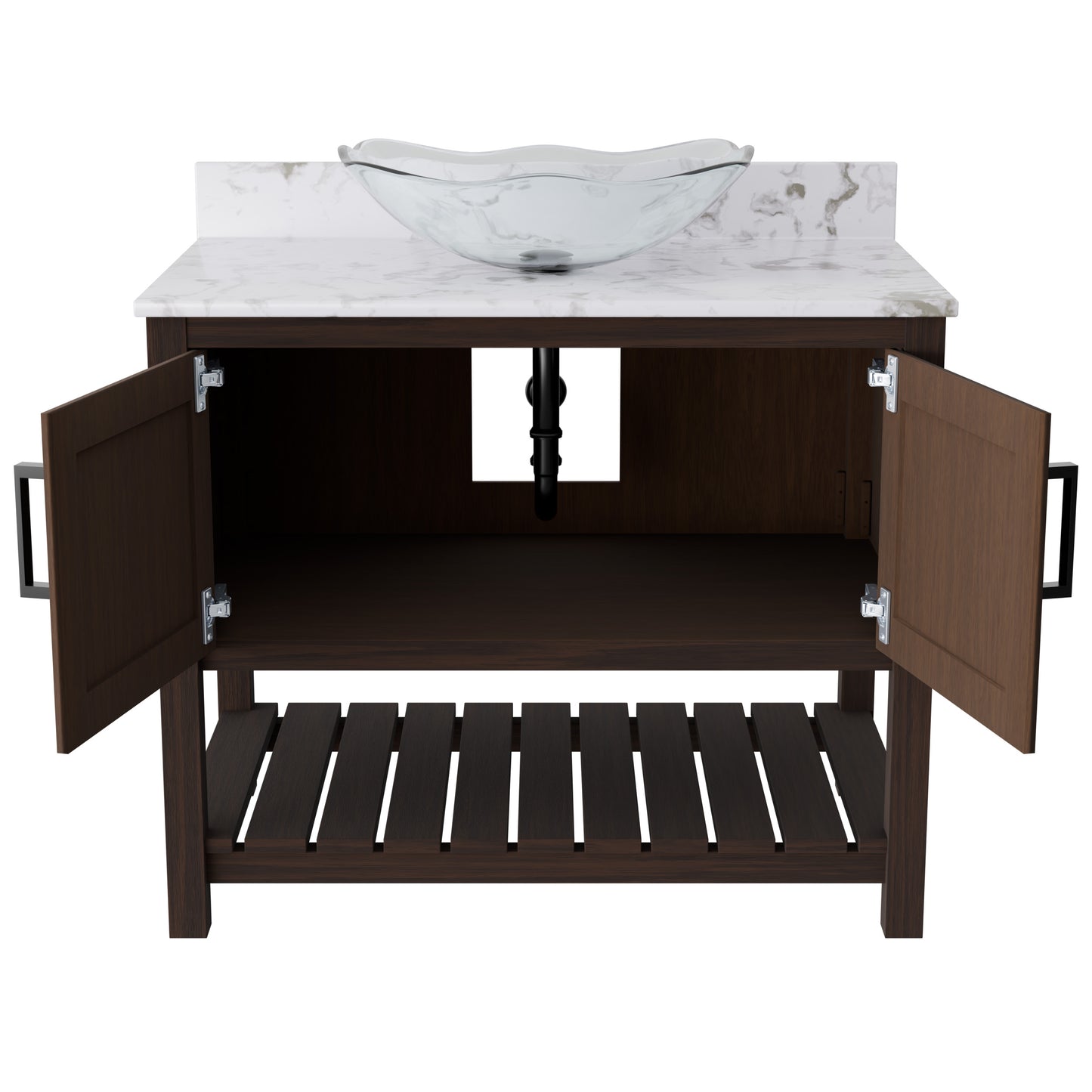 36-inch Novatto bath vanity with cafe mocha quartz countertop and sink, showcasing sleek bathroom accessory design.