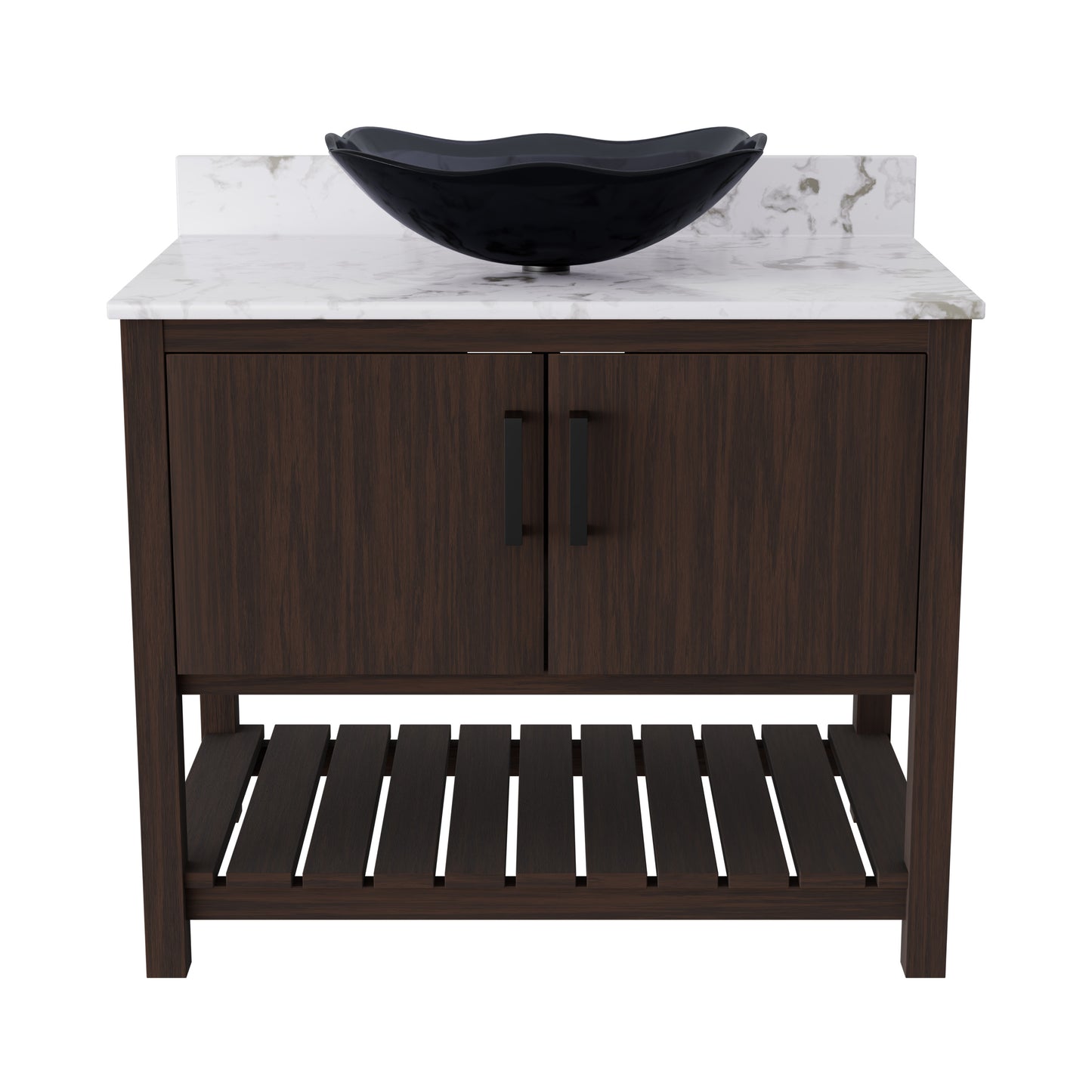 36-inch Novatto bath vanity with cafe mocha quartz countertop and integrated sink, showcasing sleek bathroom accessory design.
