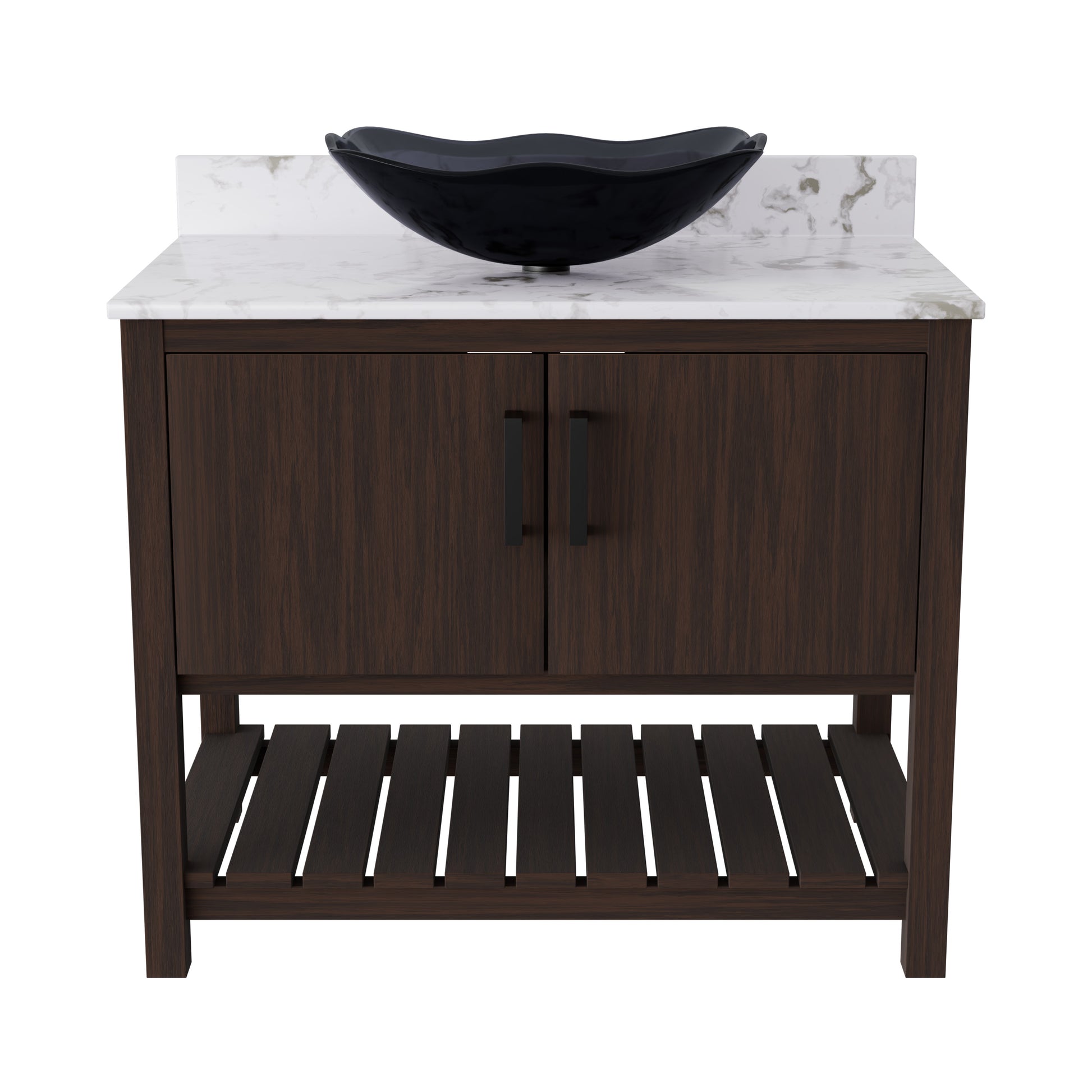36-inch Novatto bath vanity with cafe mocha quartz countertop and integrated sink, showcasing sleek bathroom accessory design.