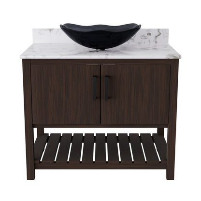 36-inch Novatto bath vanity with cafe mocha quartz countertop and integrated sink, showcasing sleek bathroom accessory design.