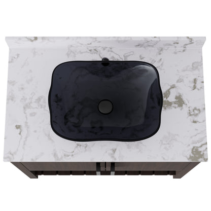 36-inch Novatto bath vanity with cafe mocha quartz countertop and sink, showcasing sleek bathroom accessory design.