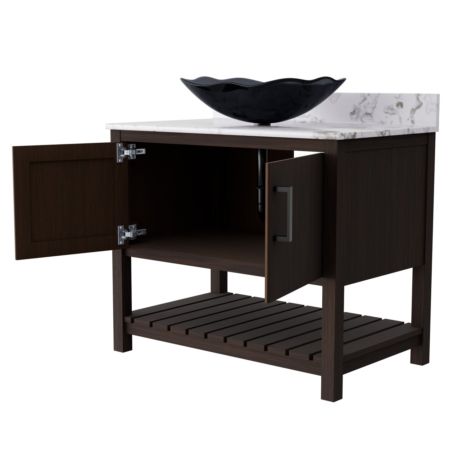 36-inch Novatto bath vanity with cafe mocha quartz countertop and integrated sink, showcasing sleek modern bathroom accessory.