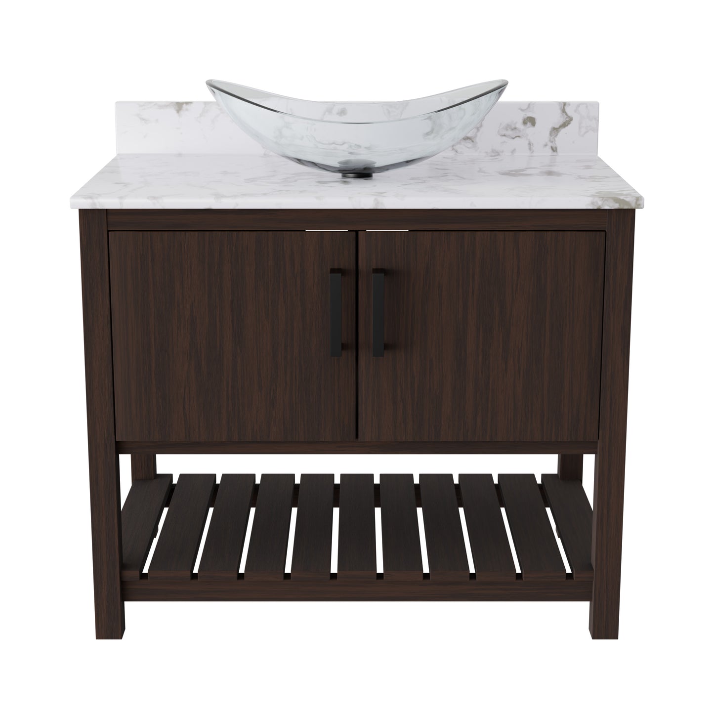36-inch Novatto bath vanity with cafe mocha quartz countertop and sink, showcasing a modern bathroom accessory.