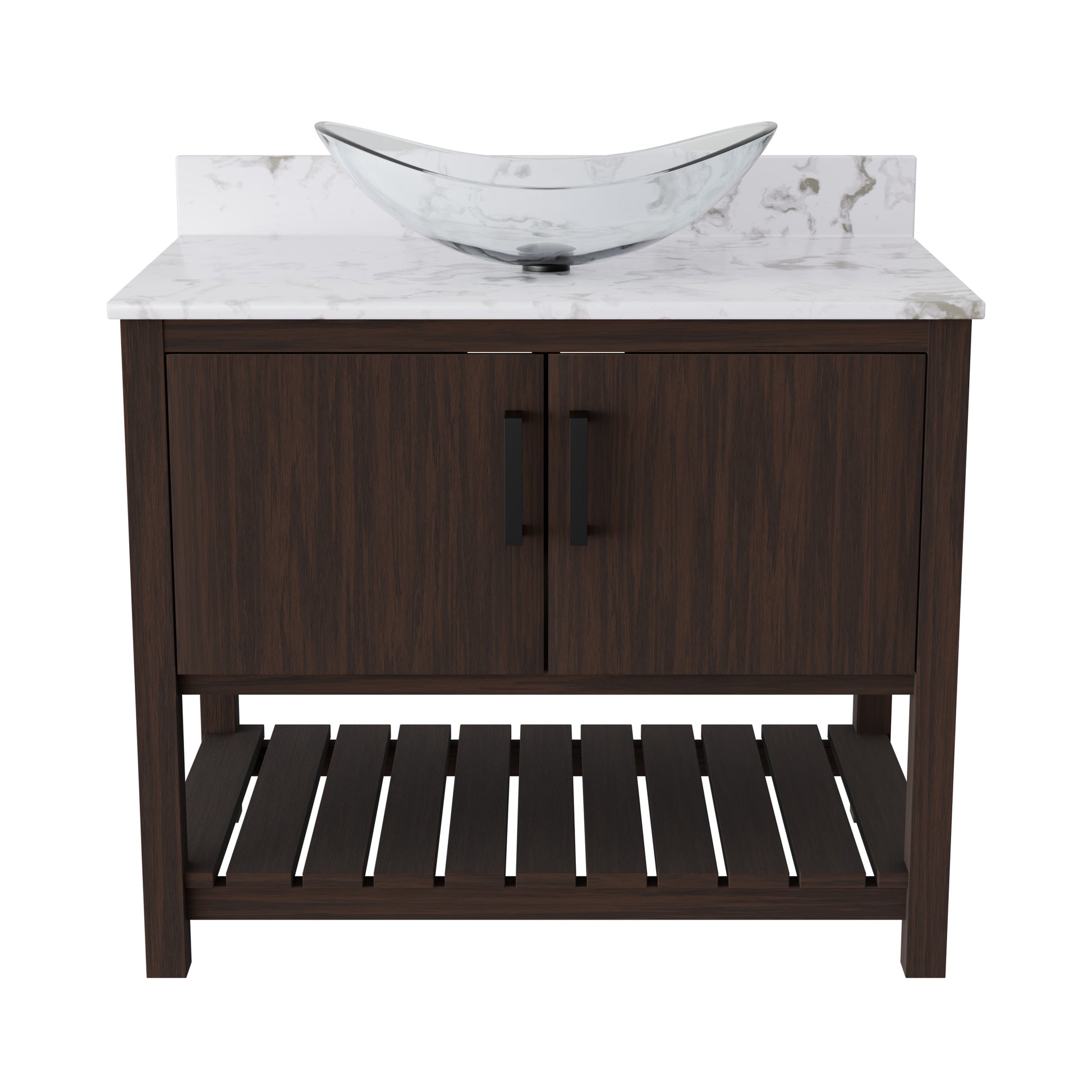 36-inch Novatto bath vanity with cafe mocha quartz countertop and sink, showcasing a modern bathroom accessory.
