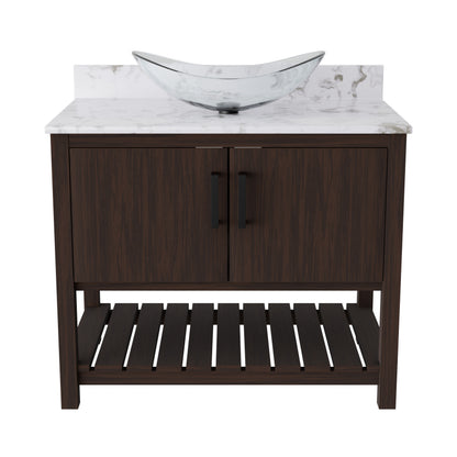 36-inch Novatto bath vanity with cafe mocha quartz countertop and sink, showcasing a modern bathroom accessory.