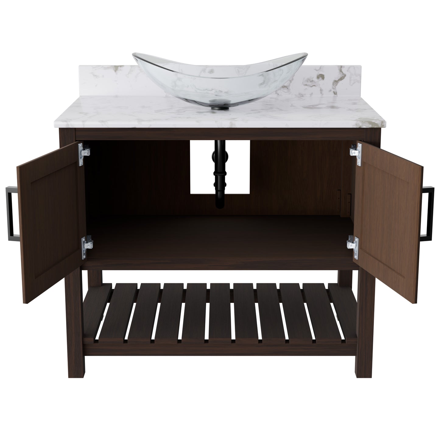 Novatto 36-inch bath vanity with cafe mocha quartz countertop and integrated sink, modern bathroom accessory.