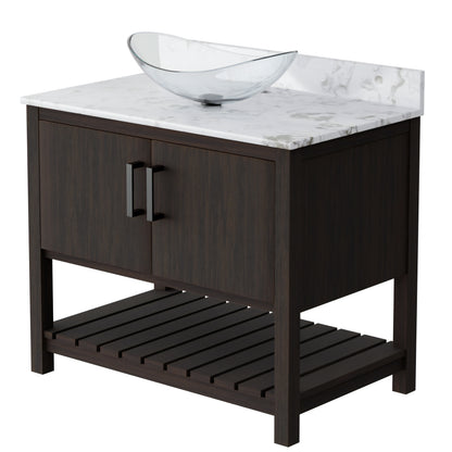 36-inch Novatto bath vanity with cafe mocha quartz counter and sink, showcasing a modern bathroom accessory.