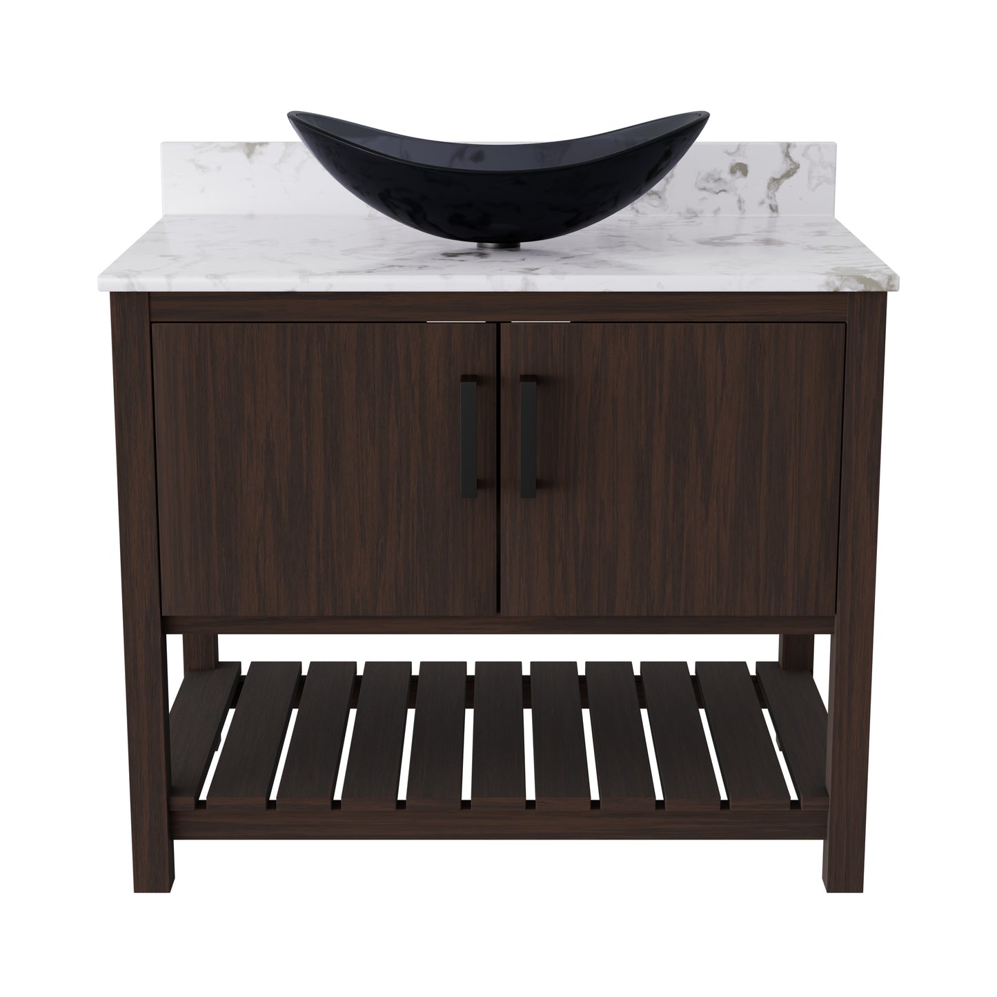 36-inch Novatto bath vanity with cafe mocha quartz countertop and integrated sink, showing sleek design and polished surface.
