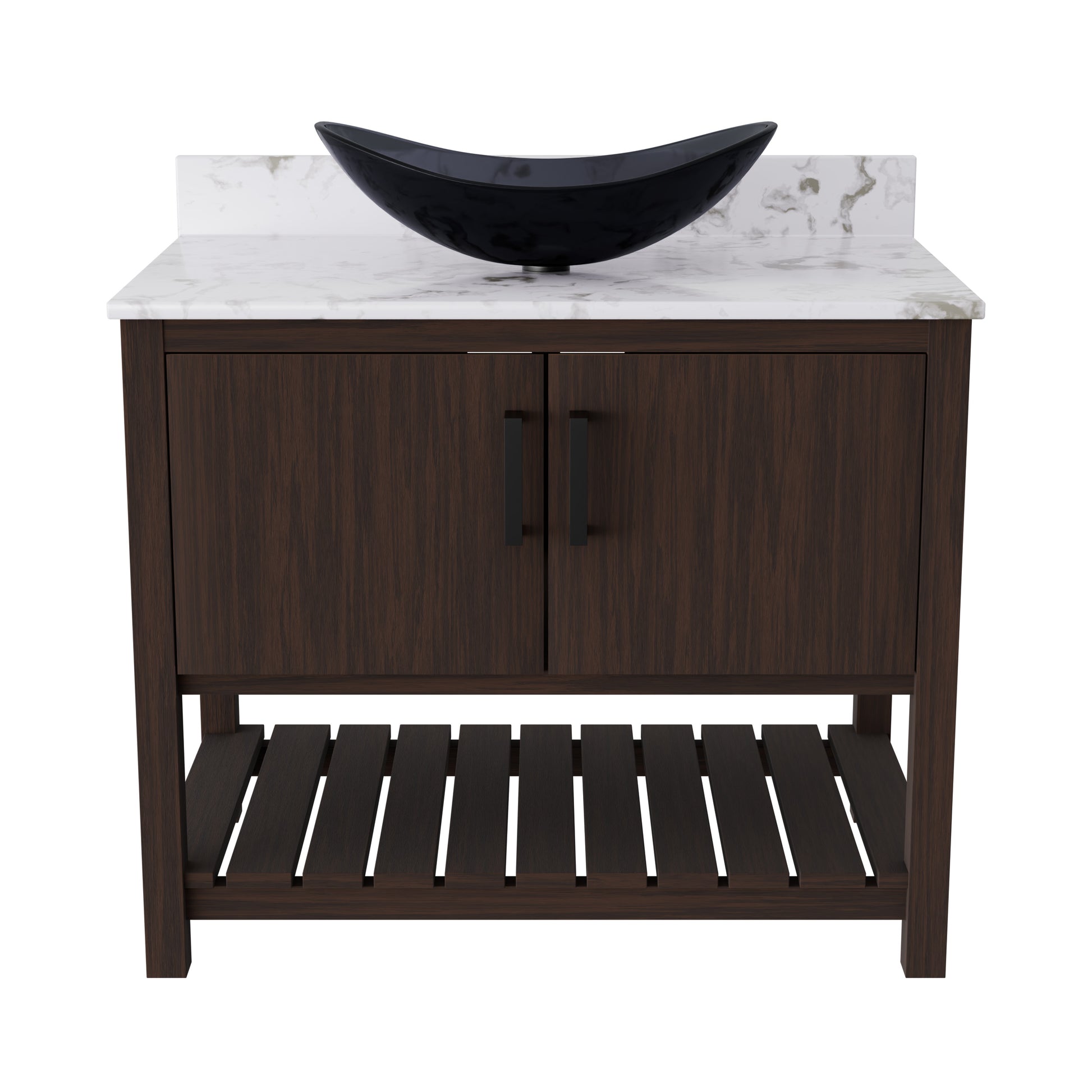 36-inch Novatto bath vanity with cafe mocha quartz countertop and integrated sink, showing sleek design and polished surface.