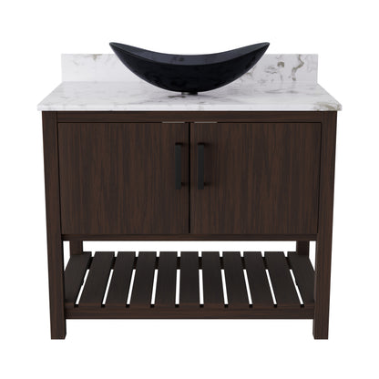 36-inch Novatto bath vanity with cafe mocha quartz countertop and integrated sink, showing sleek design and polished surface.
