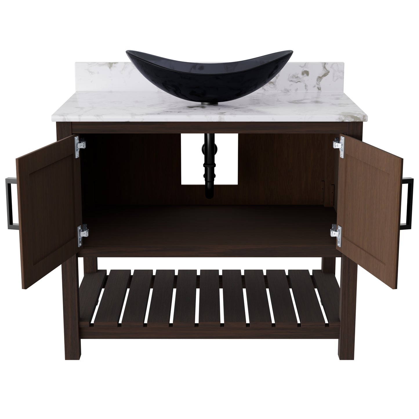 36-inch Novatto bath vanity with cafe mocha quartz countertop and integrated sink, showcasing sleek bathroom accessory design