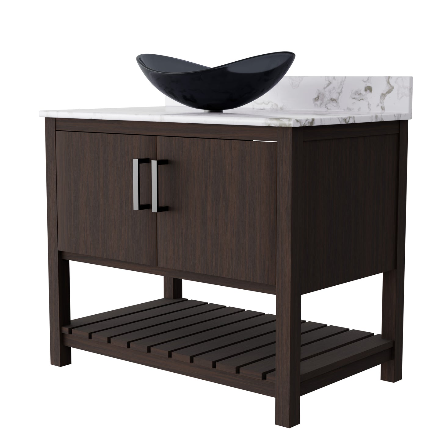 36-inch Novatto bath vanity with cafe mocha quartz countertop and sink, showcasing sleek bathroom accessory design.