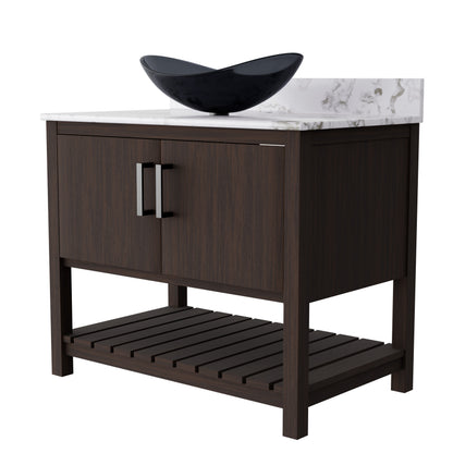 36-inch Novatto bath vanity with cafe mocha quartz countertop and sink, showcasing sleek bathroom accessory design.