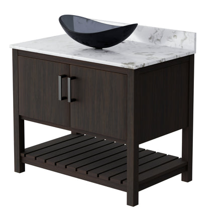 36-inch Novatto bath vanity with cafe mocha quartz countertop and integrated sink, showcasing the elegant accessory design.