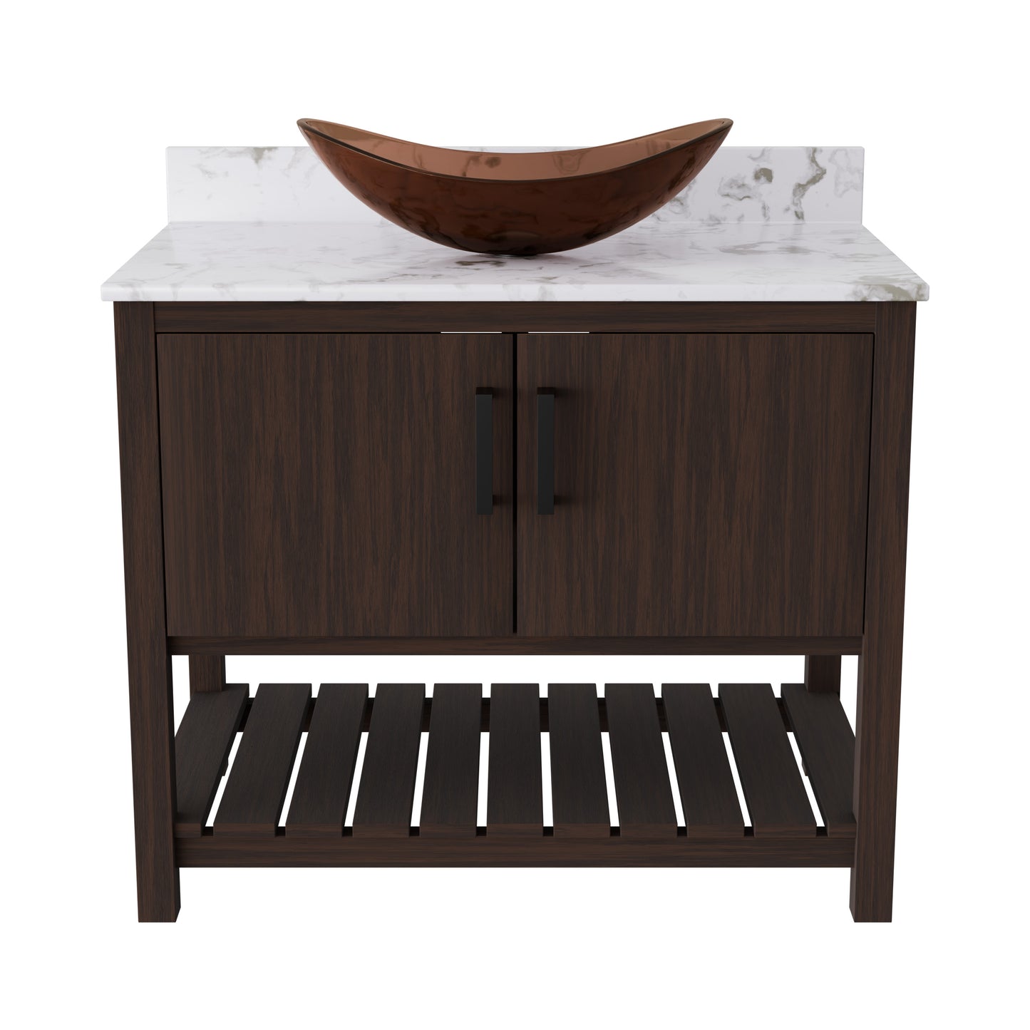 Novatto 36-inch bath vanity with cafe mocha quartz countertop and sink, showcasing sleek bathroom accessory design.