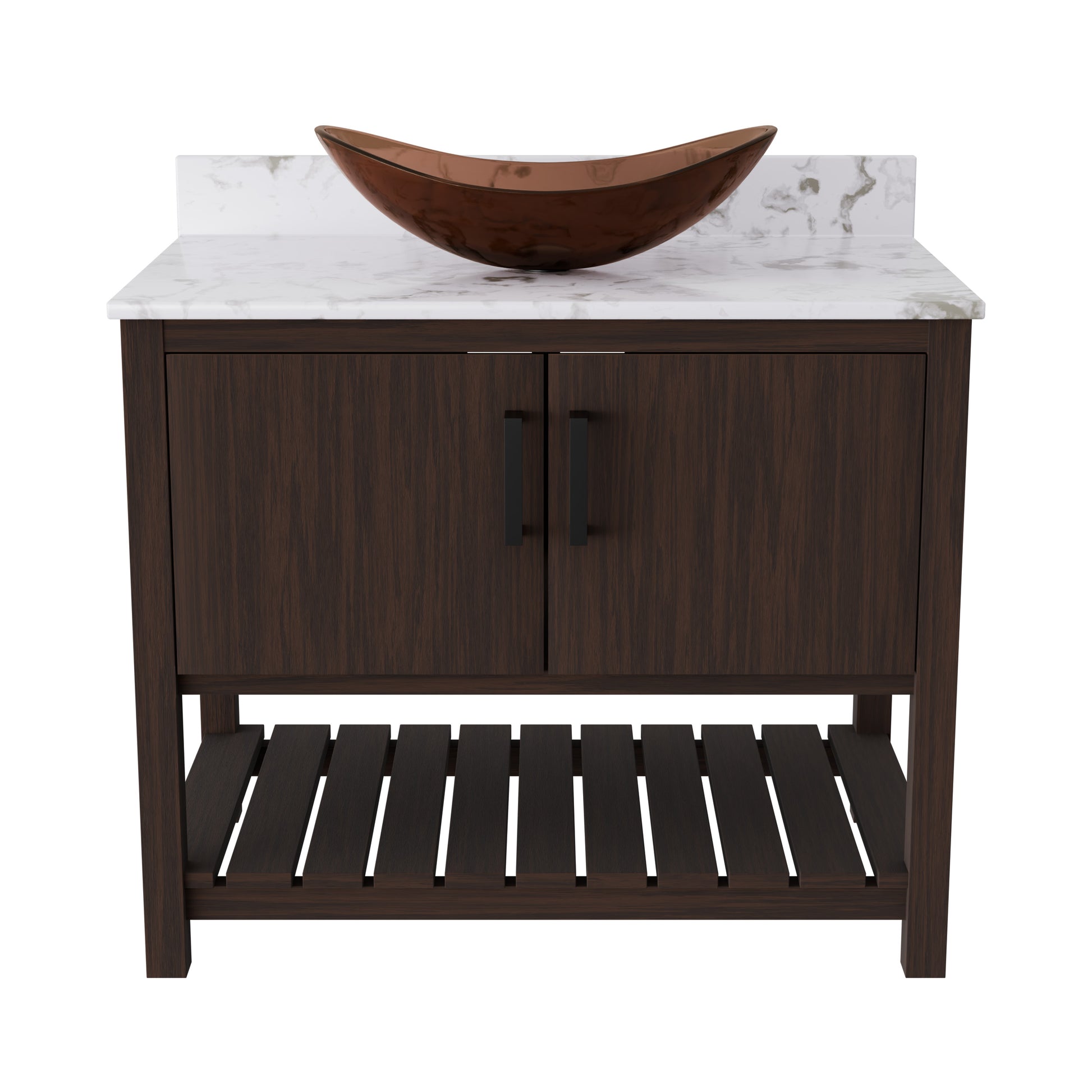 Novatto 36-inch bath vanity with cafe mocha quartz countertop and sink, showcasing sleek bathroom accessory design.