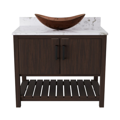 Novatto 36-inch bath vanity with cafe mocha quartz countertop and sink, showcasing sleek bathroom accessory design.