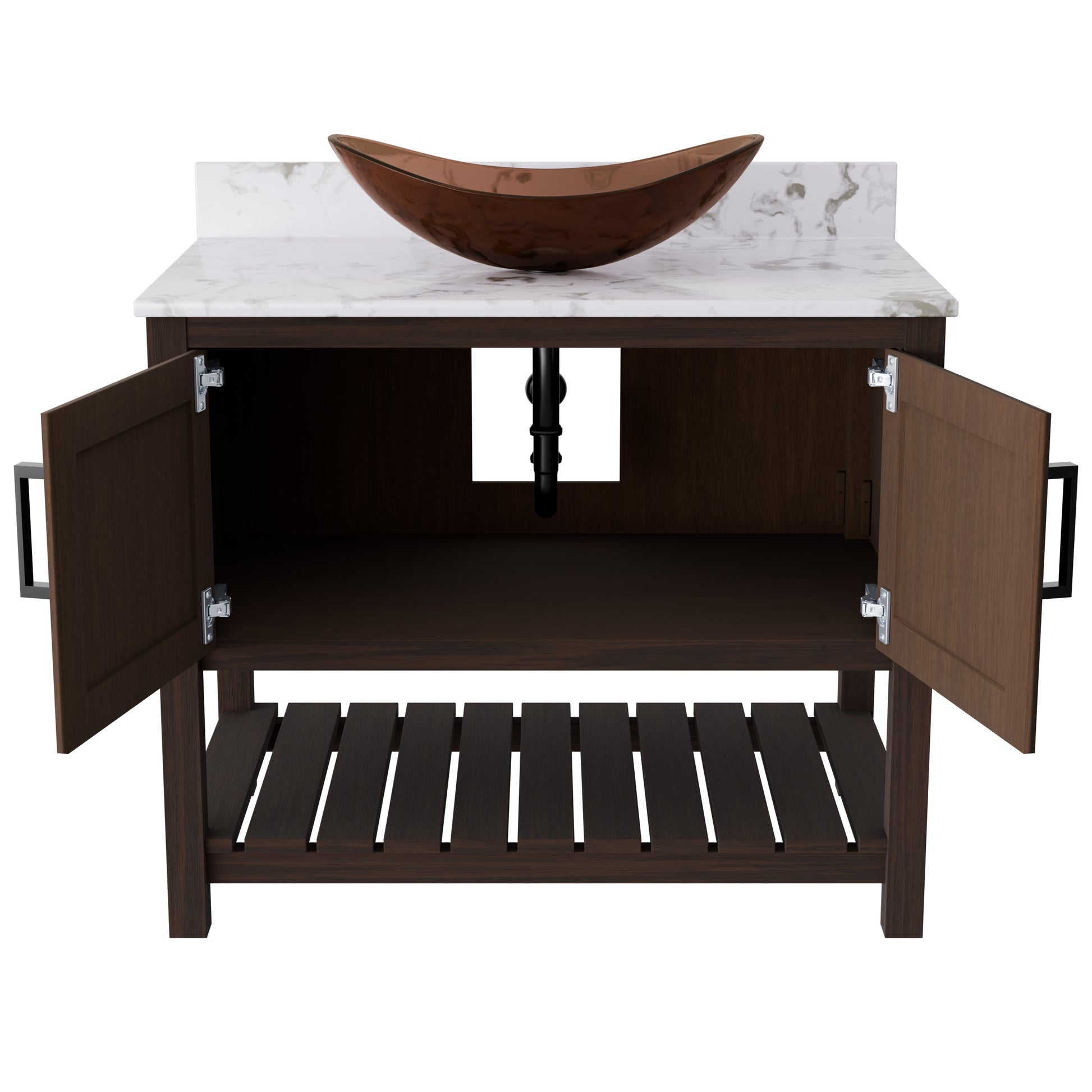 Novatto 36-inch bath vanity with cafe mocha quartz countertop and integrated sink, featuring a sleek, modern bathroom accessory design.
