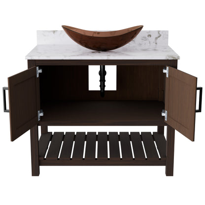 Novatto 36-inch bath vanity with cafe mocha quartz countertop and integrated sink, featuring a sleek, modern bathroom accessory design.