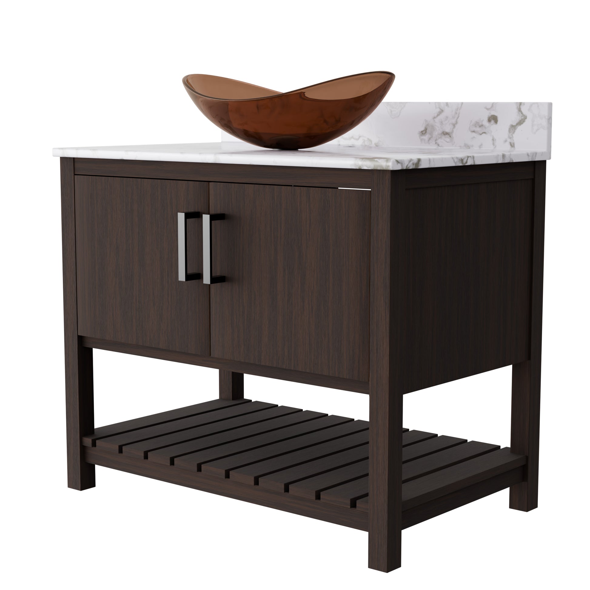 36-inch Novatto bath vanity with cafe mocha quartz countertop and sink, showcasing modern bathroom accessory design.