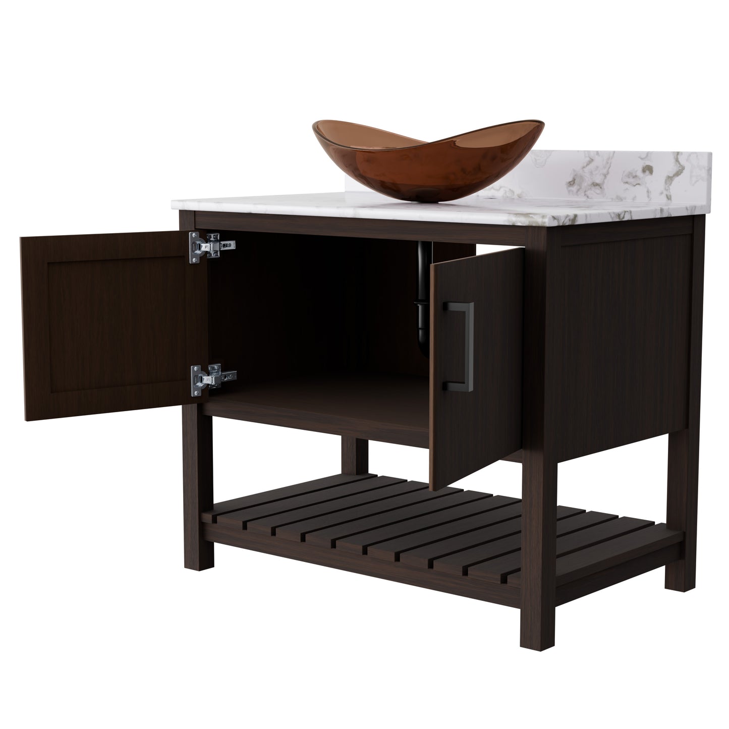36-inch Novatto bath vanity with cafe mocha quartz countertop and sink, featuring a sleek modern design.