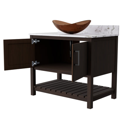 36-inch Novatto bath vanity with cafe mocha quartz countertop and sink, featuring a sleek modern design.