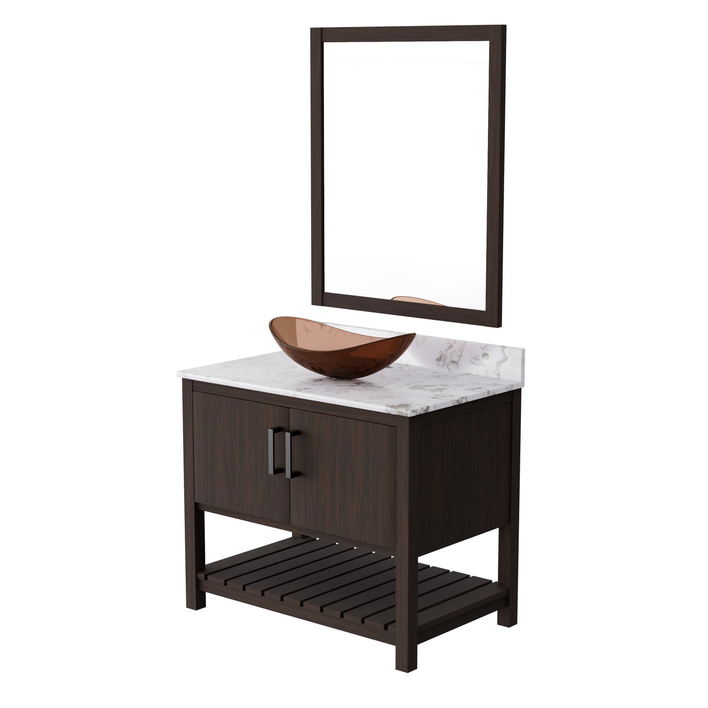 36-inch Novatto bath vanity with cafe mocha quartz countertop and integrated sink, showcasing modern bathroom accessory design