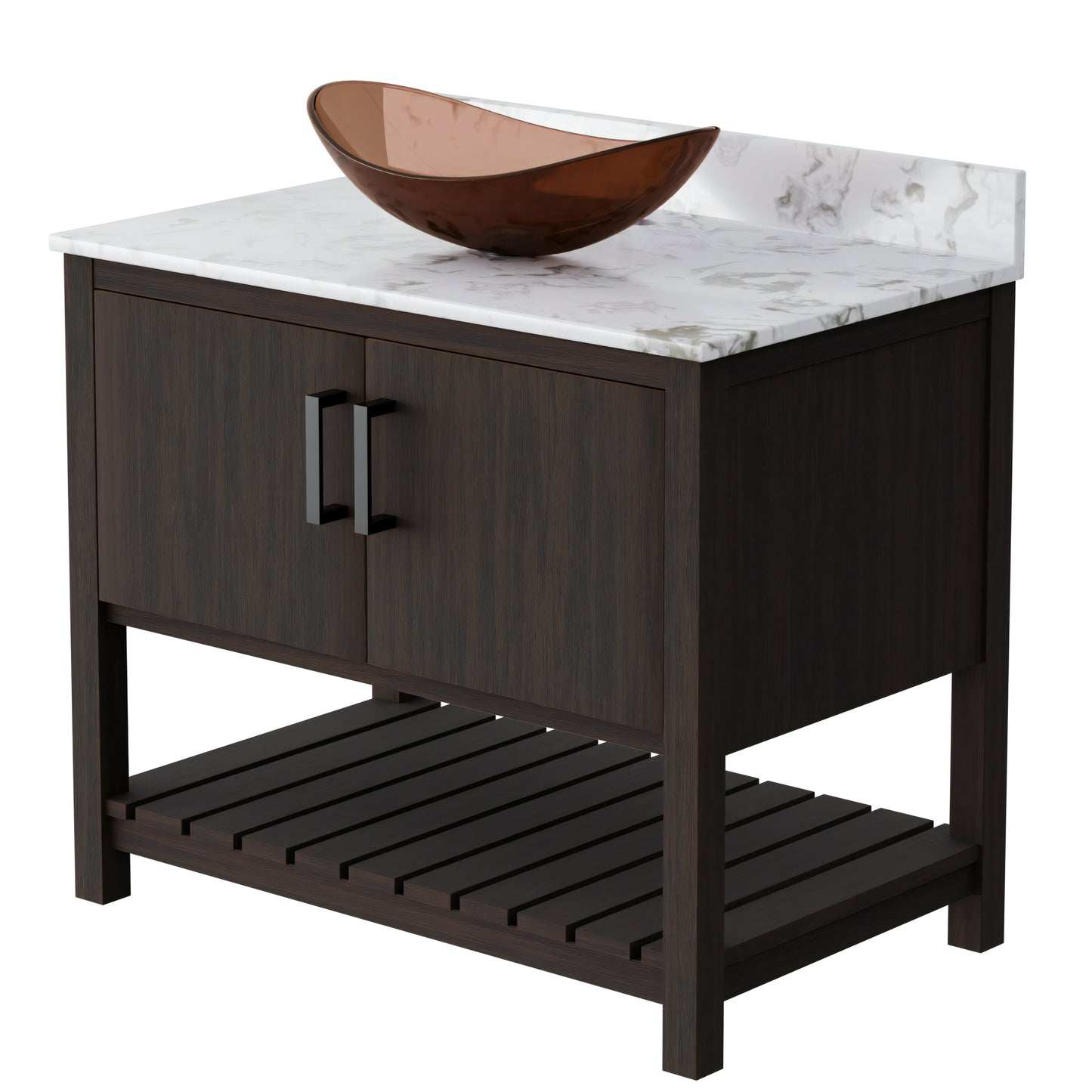 36-inch Novatto bath vanity with cafe mocha quartz countertop and sink, showcasing modern bathroom accessory design.