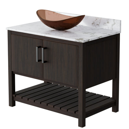36-inch Novatto bath vanity with cafe mocha quartz countertop and sink, showcasing modern bathroom accessory design.