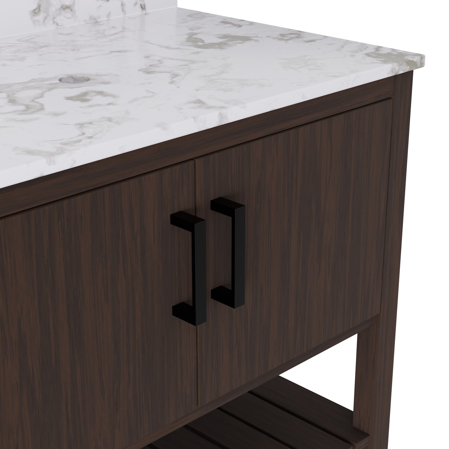 36-inch vanity with Cafe Mocha quartz countertop by Novatto, showcasing a sleek bathroom accessory with modern design.