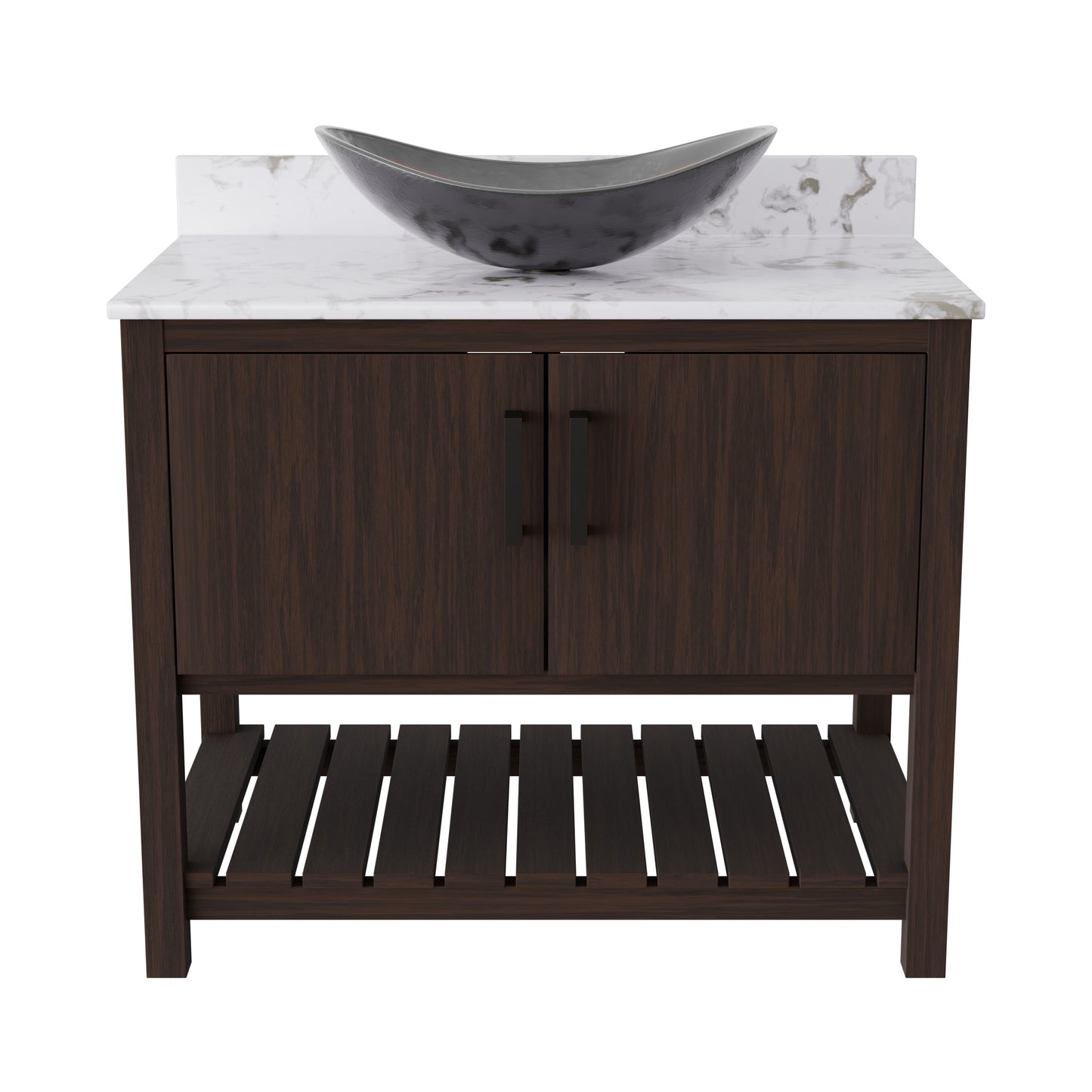 Novatto 36-inch bath vanity with cafe mocha quartz countertop and sink, showcasing sleek design and modern bathroom accessory.