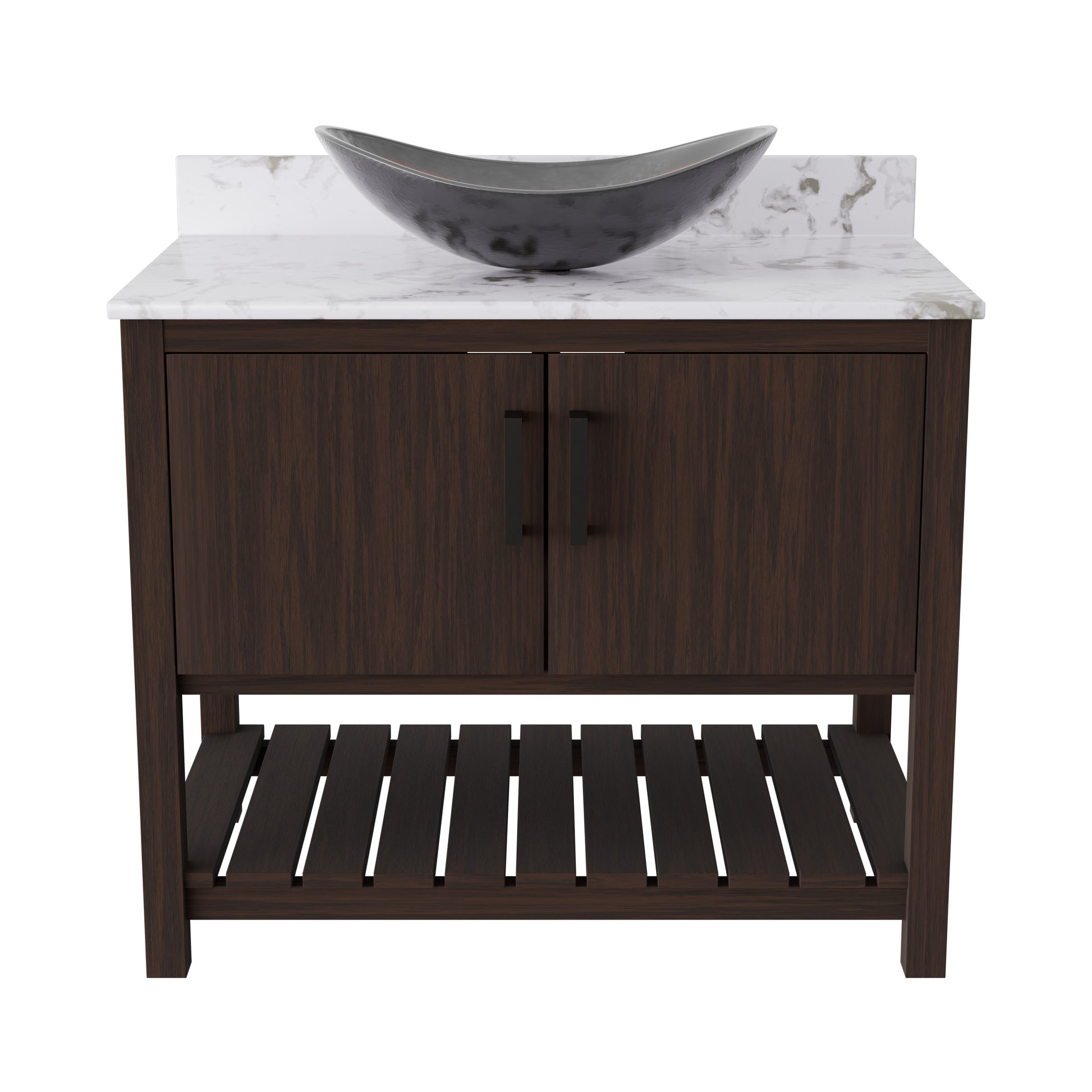 Novatto 36-inch bath vanity with cafe mocha quartz countertop and sink, showcasing sleek design and modern bathroom accessory.