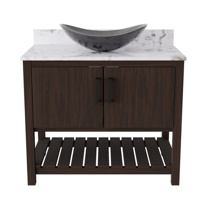 Novatto 36-inch bath vanity with cafe mocha quartz countertop and sink, showcasing sleek design and modern bathroom accessory.