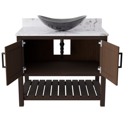 42-inch Novatto bath vanity with Cafe Mocha quartz counter and sink, featuring sleek storage and modern design.