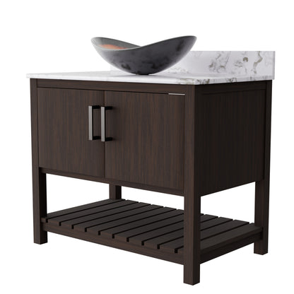 Novatto 36-inch bath vanity with Cafe Mocha quartz countertop and sink, featuring modern accessories and sleek design.