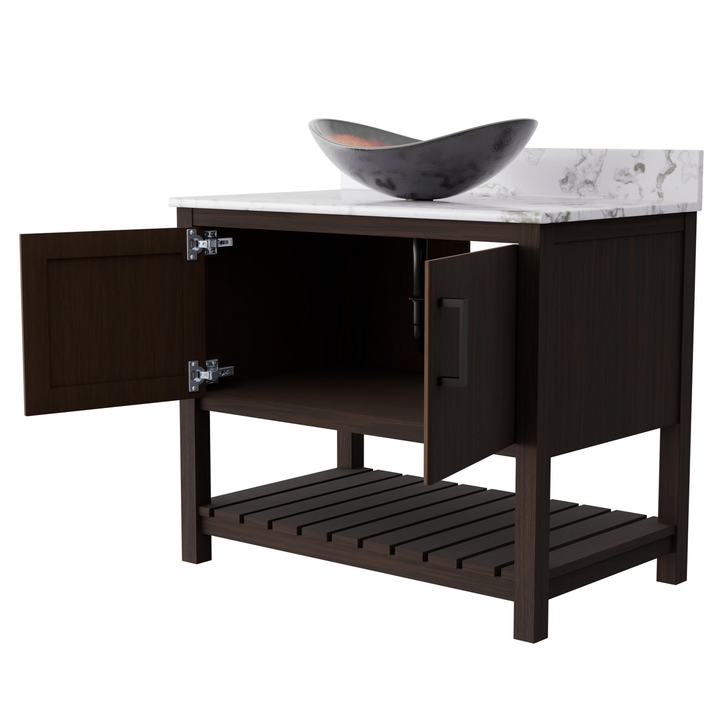 36-inch Novatto bath vanity with cafe mocha quartz countertop and integrated sink, showcasing sleek bathroom accessory design
