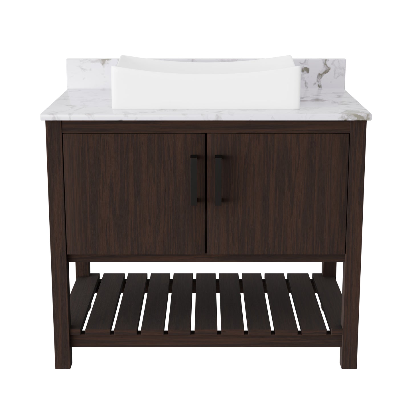 Novatto 36-inch bath vanity with cafe mocha quartz counter and sink, featuring modern accessory design and stylish finish.