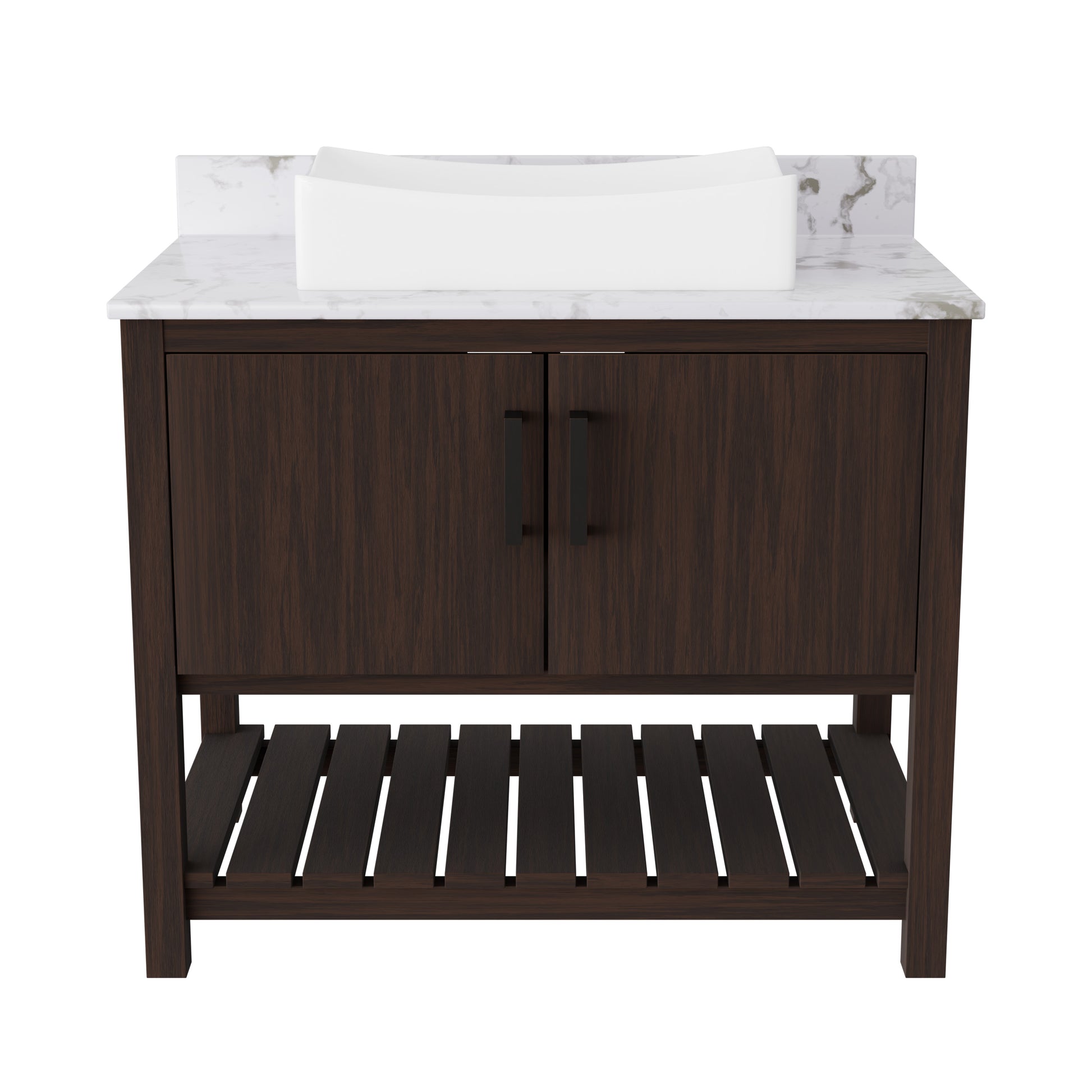Novatto 36-inch bath vanity with cafe mocha quartz counter and sink, featuring modern accessory design and stylish finish.